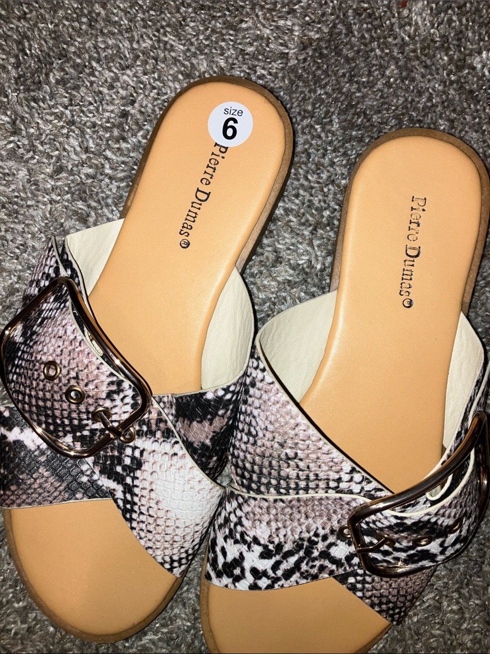 Pierre Dumas Beige and Black Snake-Print Slide Mules with Gold Buckle Size 6 - Picture 3 of 4